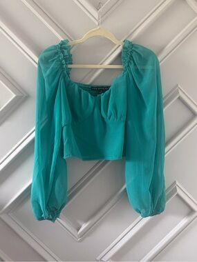 HYFVE Teal Puff-Sleeve Cropped Top